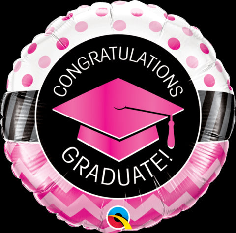 18" ROUND FOIL GRADUATE PINK CHEVRON DOTS